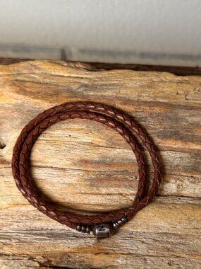 Pandora 590745CBN-D1 Brown Braided Leather Double Wrap Bracelet Sterling 13.8”
